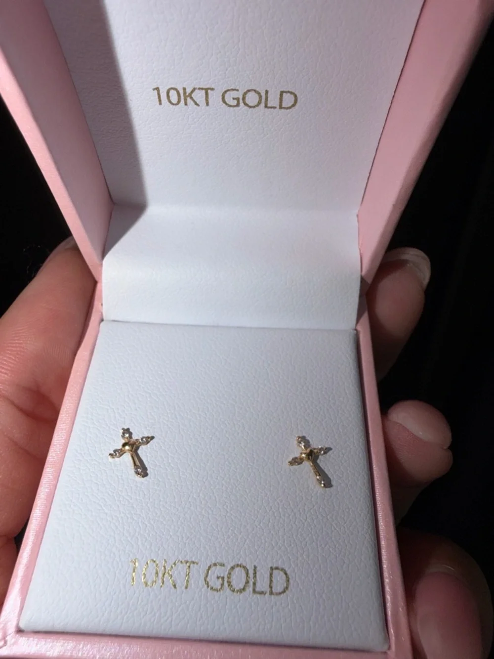 10KT Gold Cross Stud Earrings heart Religious Minimal set in pink gift box NEW - Picture 5 of 13